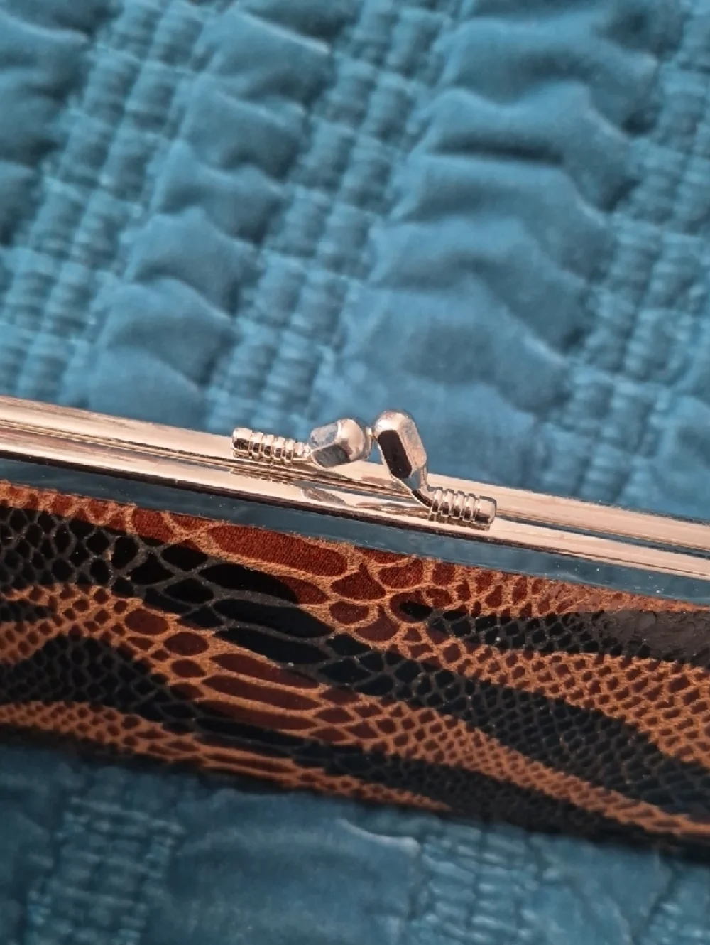 Animal Print Kiss-Lock Clutch Wallet in Brown and Black Faux Vegan Leather